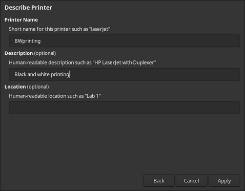 page for naming the printer