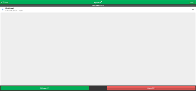 Papercut web sight showing a test page in the que